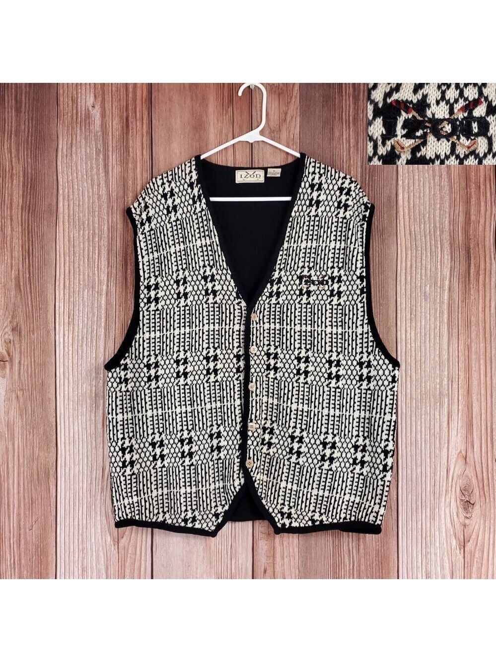 Vintage 90s Izod Golf Mens XL Cotton Knit Vest Geometric 5 Button Ivory Black